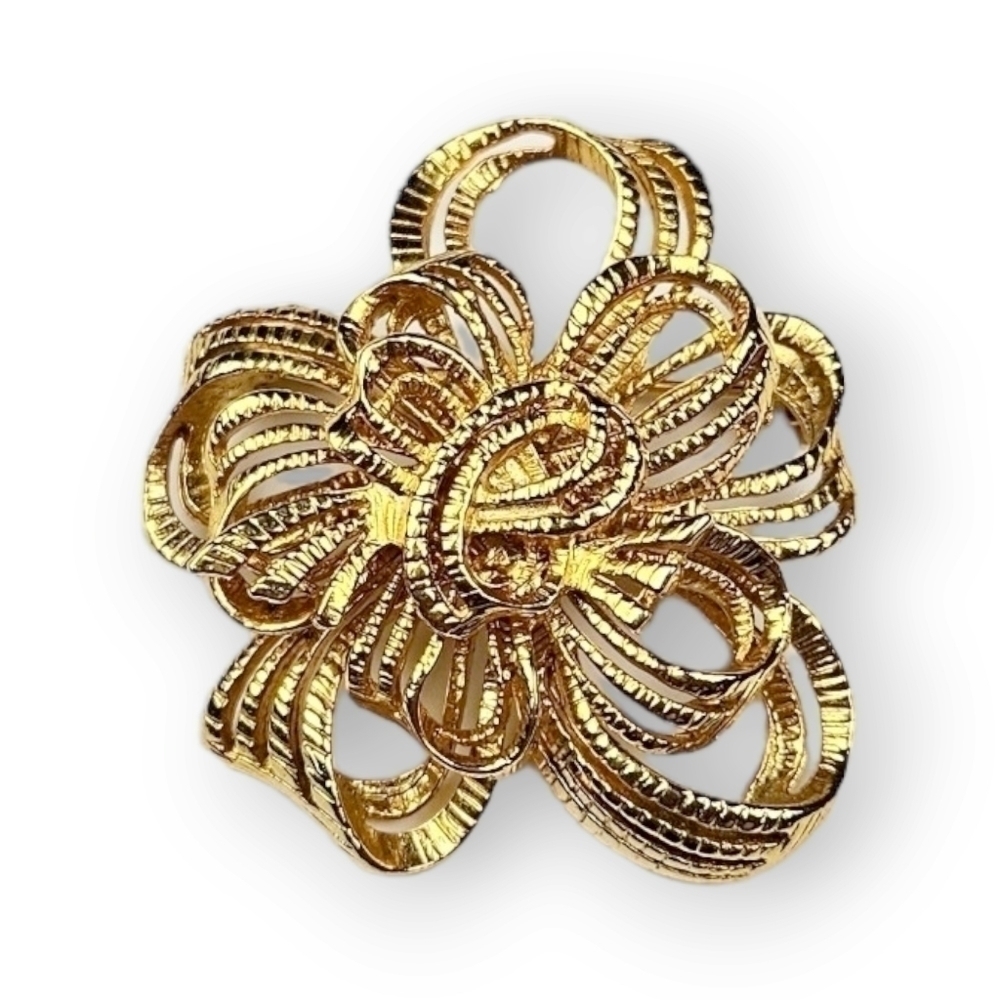Vintage Ribbon Bow Brooch 3D Textured Shiny Gold Plated Holiday 80s 1 5/8" Long